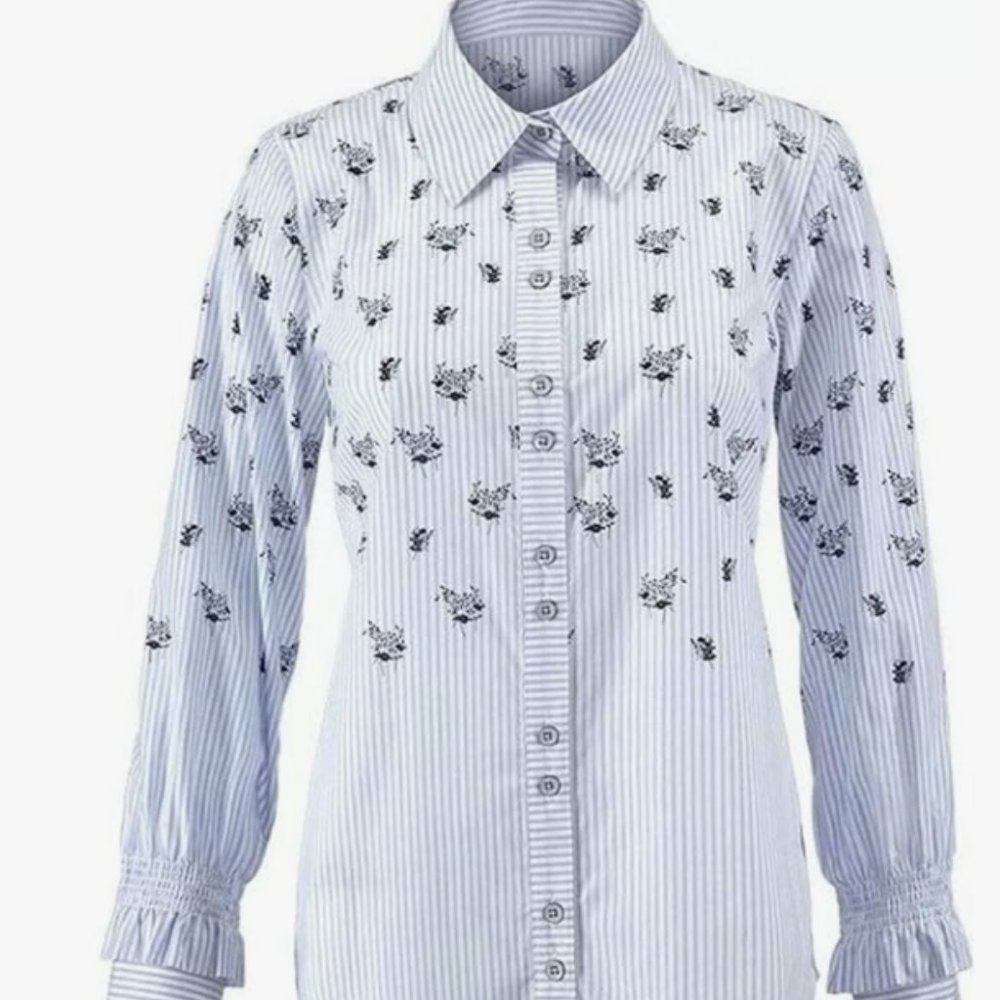 Cabi Whitney button down shirt, blue white stripes floral, long sleeve medium